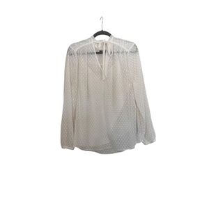 NYDJ Sheer White Swiss Dot Tie-Neck Long Sleeve Blouse Top, Size Large